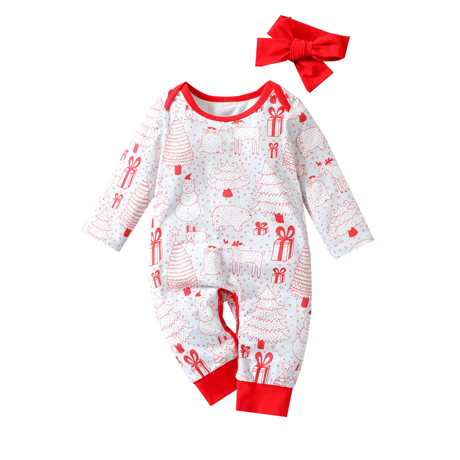 

2Pcs Baby Christmas Outfit, Cartoon Print O-Neck Long Sleeves Jumpsuit + Headband for Toddlers, Girls, Boys, 0-18 Months