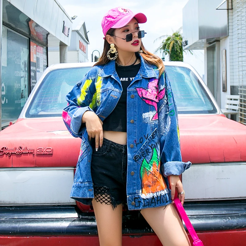

QING MO Autumn Women Denim Jacket 2021 Newest Women Colorful Graffiti Coat Female Personality Outwear ZQY4601