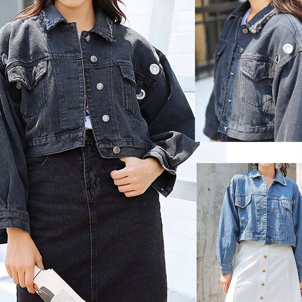 Женская джинсовая куртка повседневная синяя модная с пуховым воротником