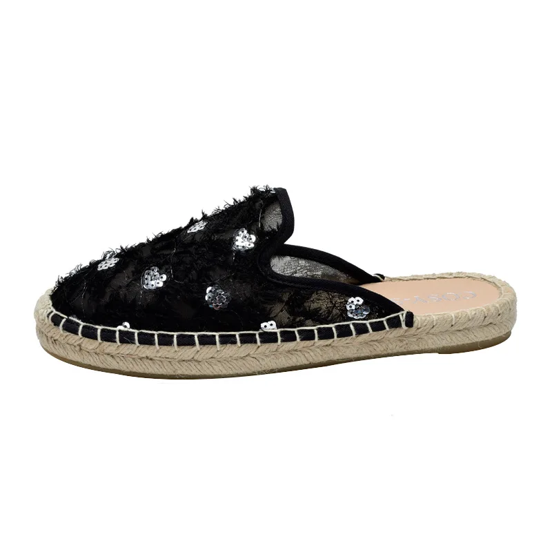 Korean-Style Casual Sequined Mesh Fisherman's Shoes Straw Slippers Women's Gentle Fairy  Flat with Soft Bottom Womens Shoes