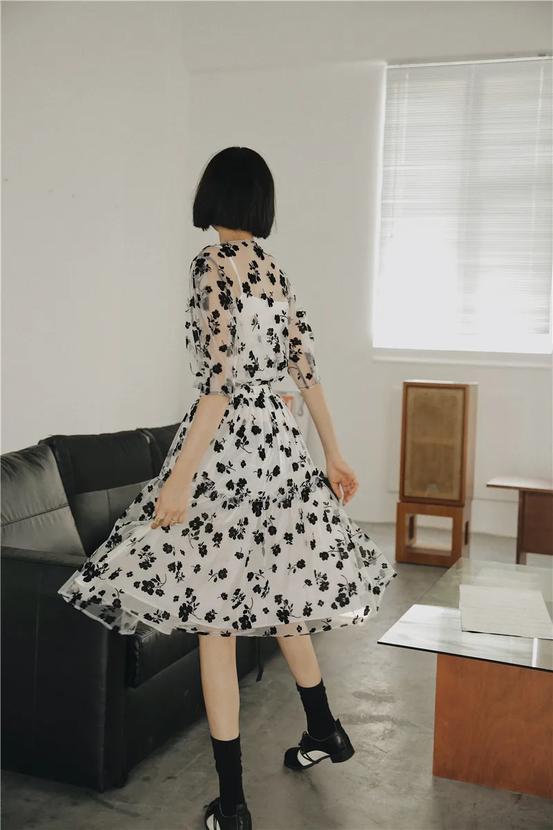 

CHEERART Tulle Layered Skirt Black Floral Print White High Waist Summer Knee Length Skirt Womens 2020 High Fashion