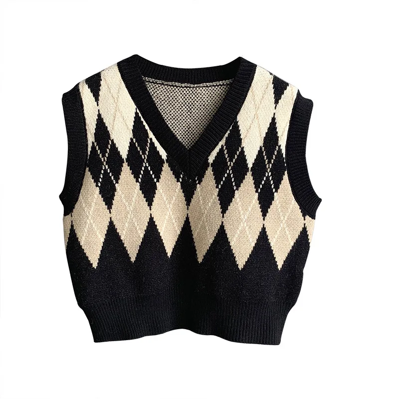

Spring 2021 Diamond-shaped V-neck Sleeveless Vest Women's Outer Wear Cardigan Knit Loose Short Casual Vest