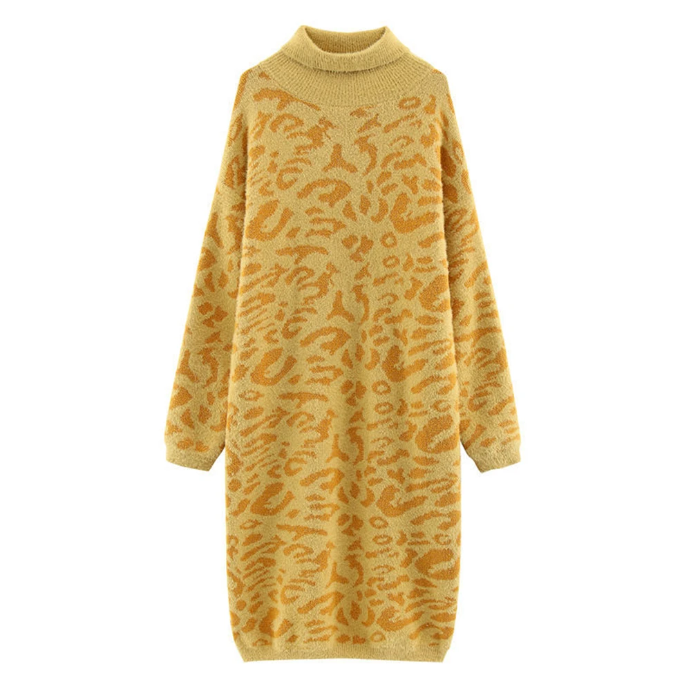 

New Spring Autumn Womens Bottoming Turtleneck Female Leopard Sweaters Loose Trendy Lady Knitted Dresses Casual Pullover Woman