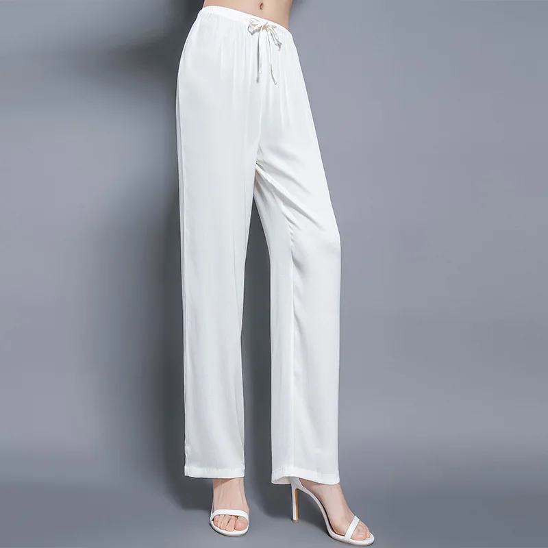 Elastic satin 19 momme mulberry silk elastic waist drawstring wide leg pants women loose draped mulberry silk trousers 20103