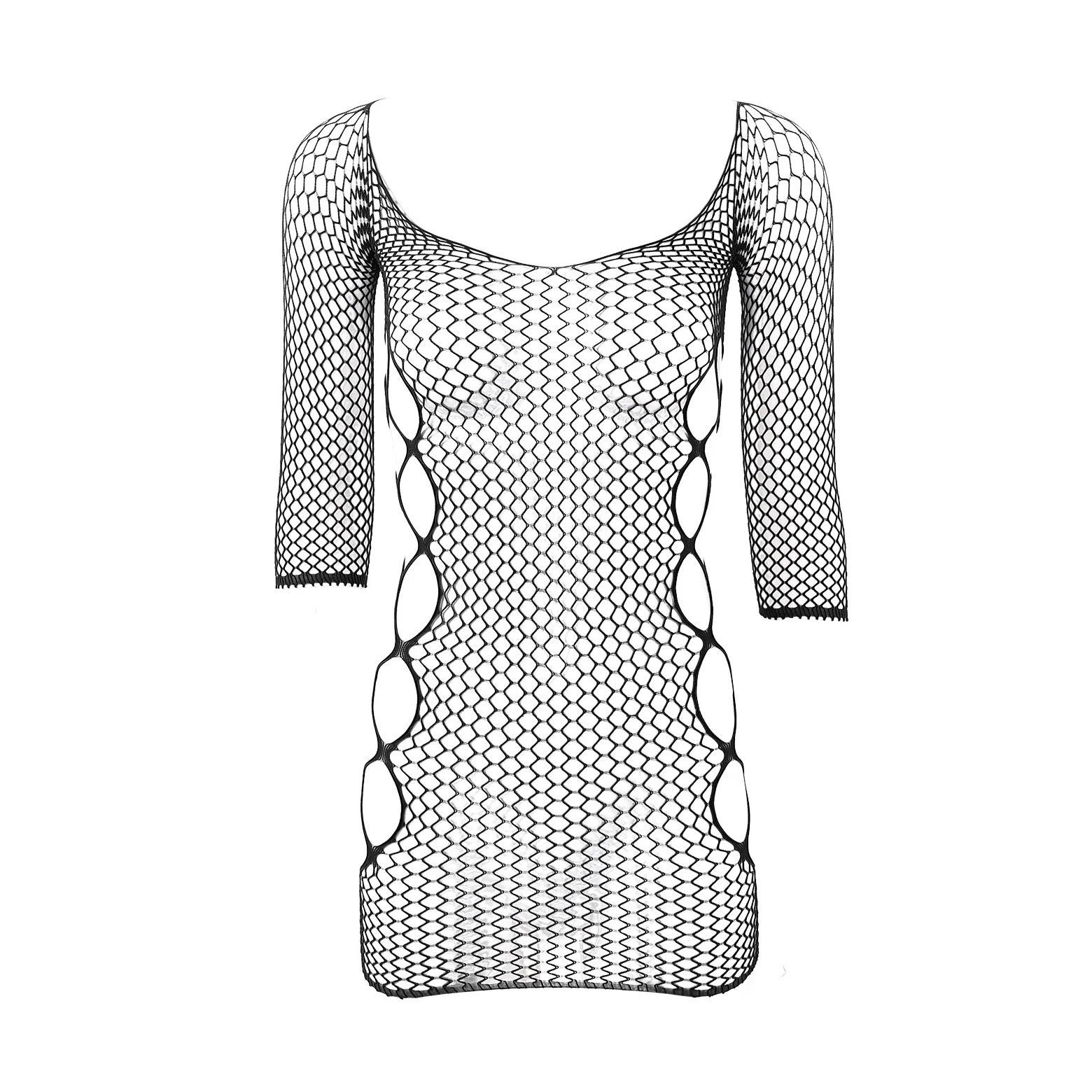 

Women Hollow Out Transparent Fishnet Babydoll Dresses Sexy Lingerie Porn Underwear Long Sleeves Stretchy Bodystocking Dress Robe
