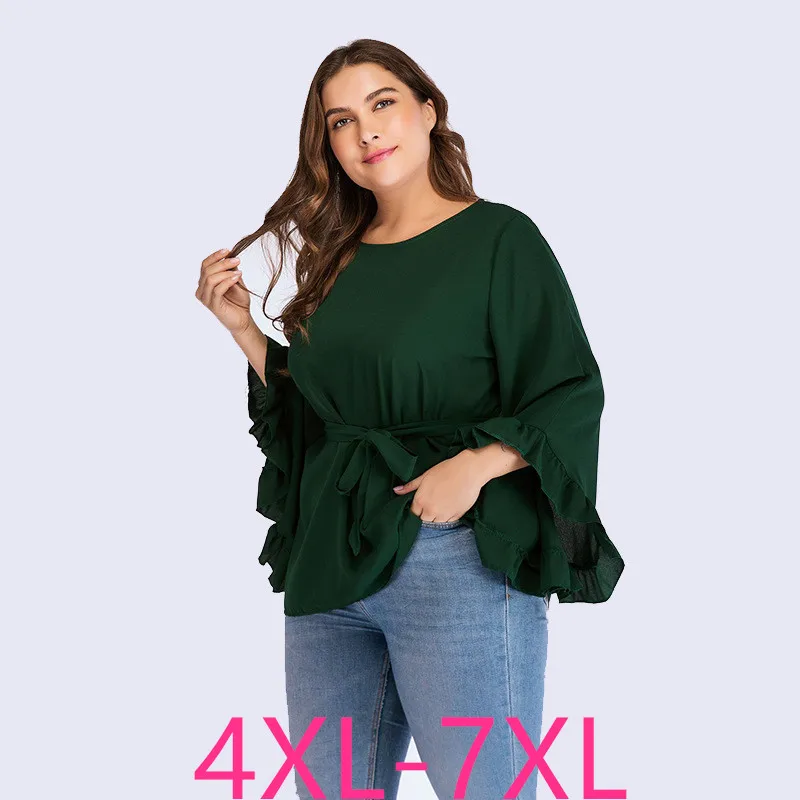 new autumn winter plus size tops for women long sleeve large cotton O neck casual loose T shirt belt green 4XL 5XL 6XL 7XL