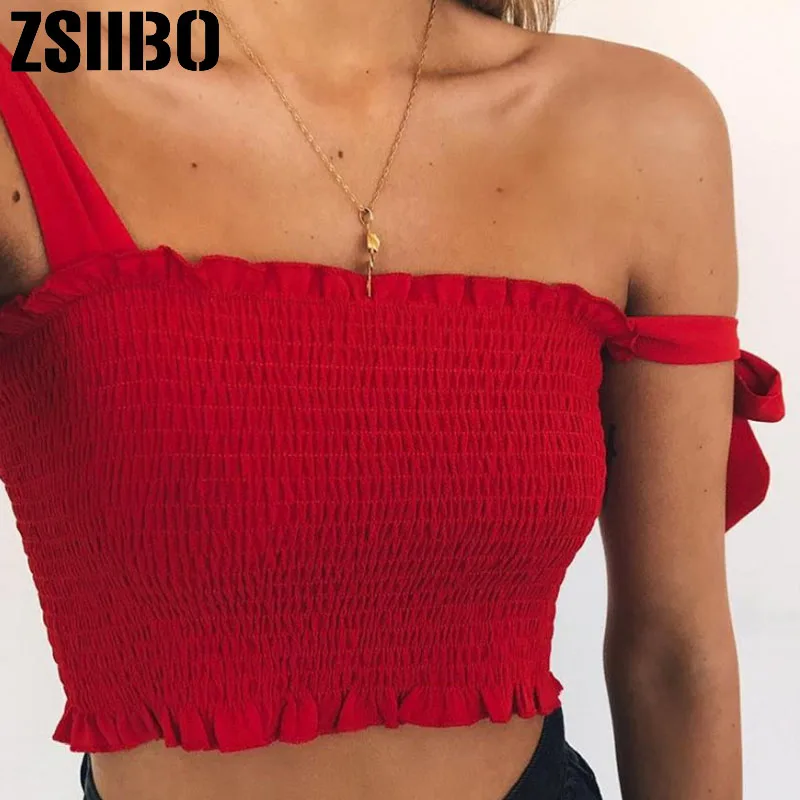 Women Sexy Slim Fashion blouses 2019 summer stretch pleated bow suspenders small vest outer wear sexy word collar blouse | Женская