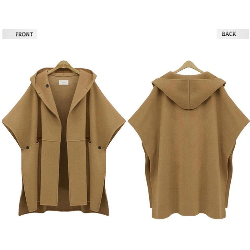 Женское повседневное пальто зимнее шерстяное с капюшоном свободная накидка