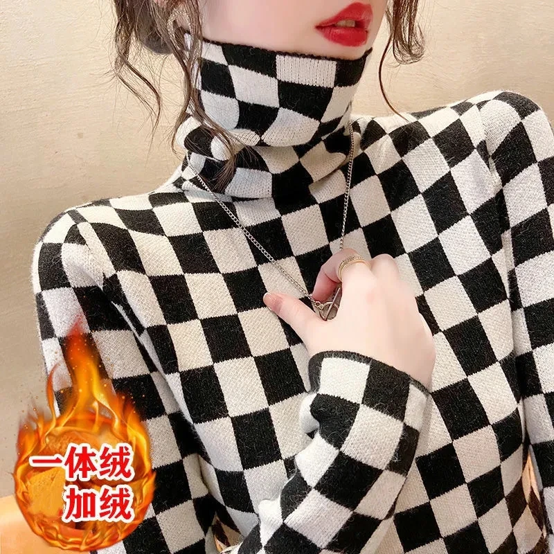 

Pile High Collar One Piece Velvet Plaid Plus Velvet Bottoming Shirt Lady Inside Thick Warm Tops Fall Winter Long Sleeve TShirt
