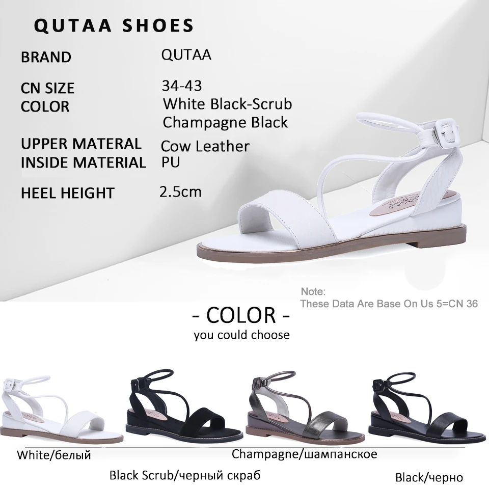 

QUTAA 2019 Women Sandals Cow Leather+PU Round Open-toed Flat Heel Slingback Buckle Casual Shoes Simple Fashion Style Size34-43