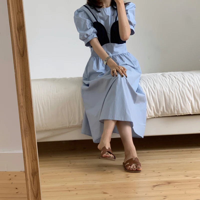 

Korean Ins Retro Puff Sleeve Pleated Stitching Fake Two-Piece Skirts Slimming French Style Elegant Dress