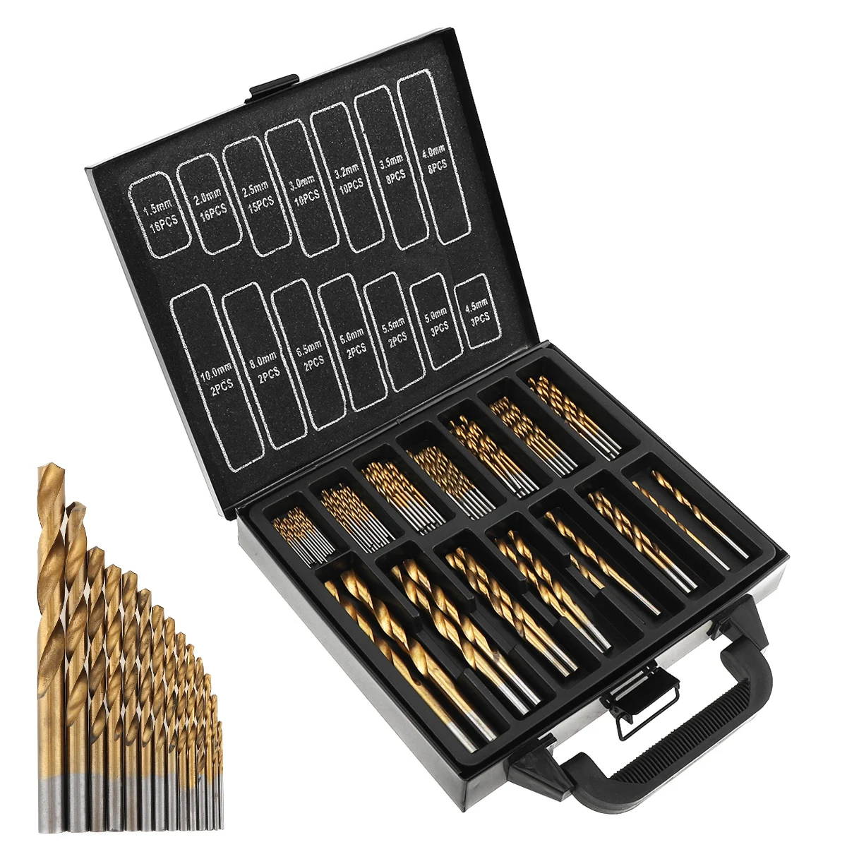 

99pcs Titanium Plate HSS Twist Drill Bits Coated Set 1.5MM 10MM Stainless Steel HSS Drilling Metal with Iron Box for Power Tool