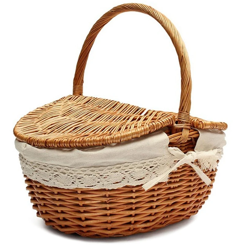 

Hot Handmade Wicker Basket with Handle Wicker Camping Picnic Basket with Double Lids Storage Hamper Basket with Cloth Lining