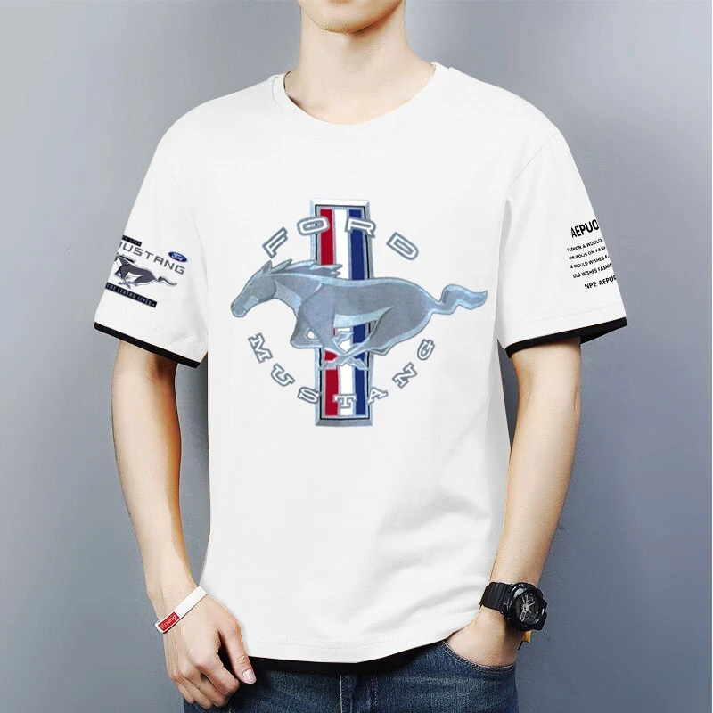 

2021 Summer New Men's Ford Mustang Round Collar Fashion Contrast Color Trend Sports T-Shirt Comfortable Top