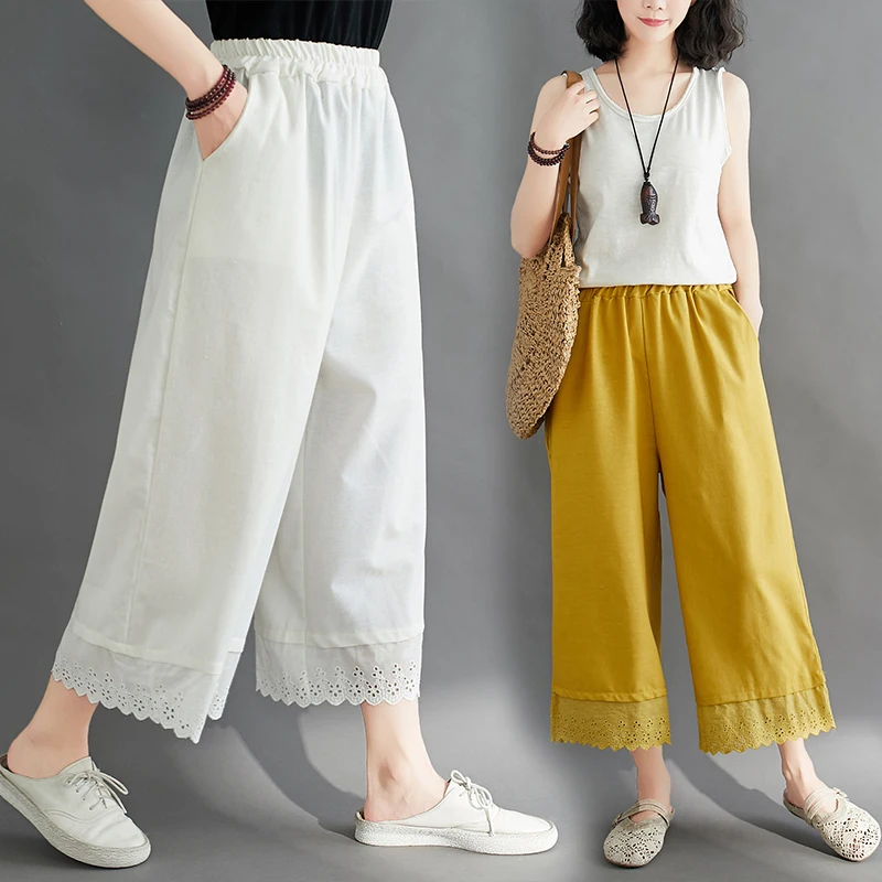 Художественные кружевные хлопковые и льняные широкие брюки в стиле ретро с