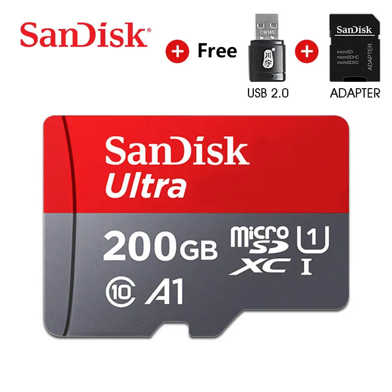 200GA1 and reader SanDisk Micro SD карта 128 ГБ 32 ГБ 64 Гб 256 Гб 16 Гб 400 Гб карта памяти microSD карта SD/TF мини флеш-карты 200 ГБ класс 10 для телефона - Емкость: 200GA1 and reader
