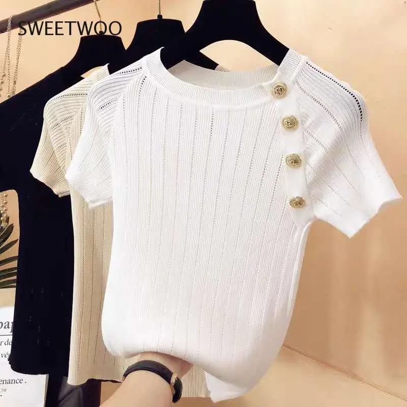 Футболка женская с вырезами, трикотажный топ с коротким рукавом, на пуговицах, одежда на лето