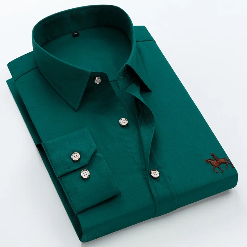 New Plus Size 6XL 100% Cotton Solid Men's Shirts Long Sleeve Embroidered Horse Casual Without Pocket Social Dress Shirt For Male