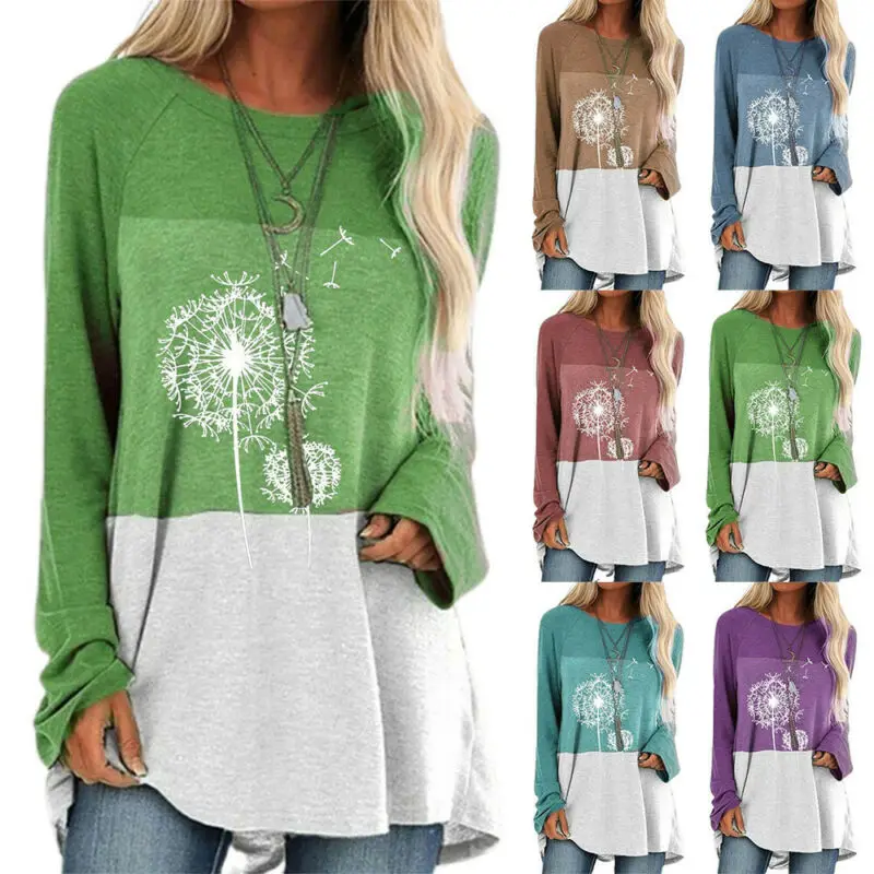 

Womens Clothes 2021 Patchwork T-Shirt Long Tops Crew Neck Long Sleeve T-Shirt Dandelion Printed Woman Tshirts