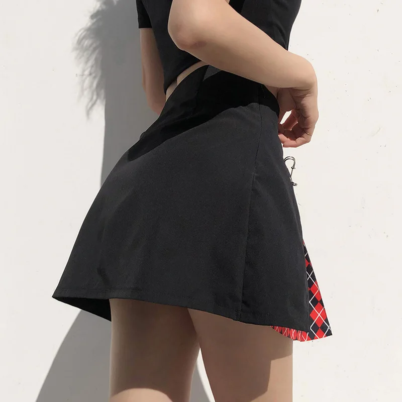 

New products in stock Summer Patchwork Plaid Black Mini Skirt Women Safety Pin High Waist Short Sexy Punk Skirt