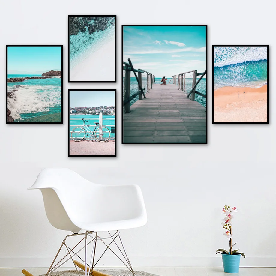 Морские волны пляжный мост велосипед пейзаж настенная живопись холст