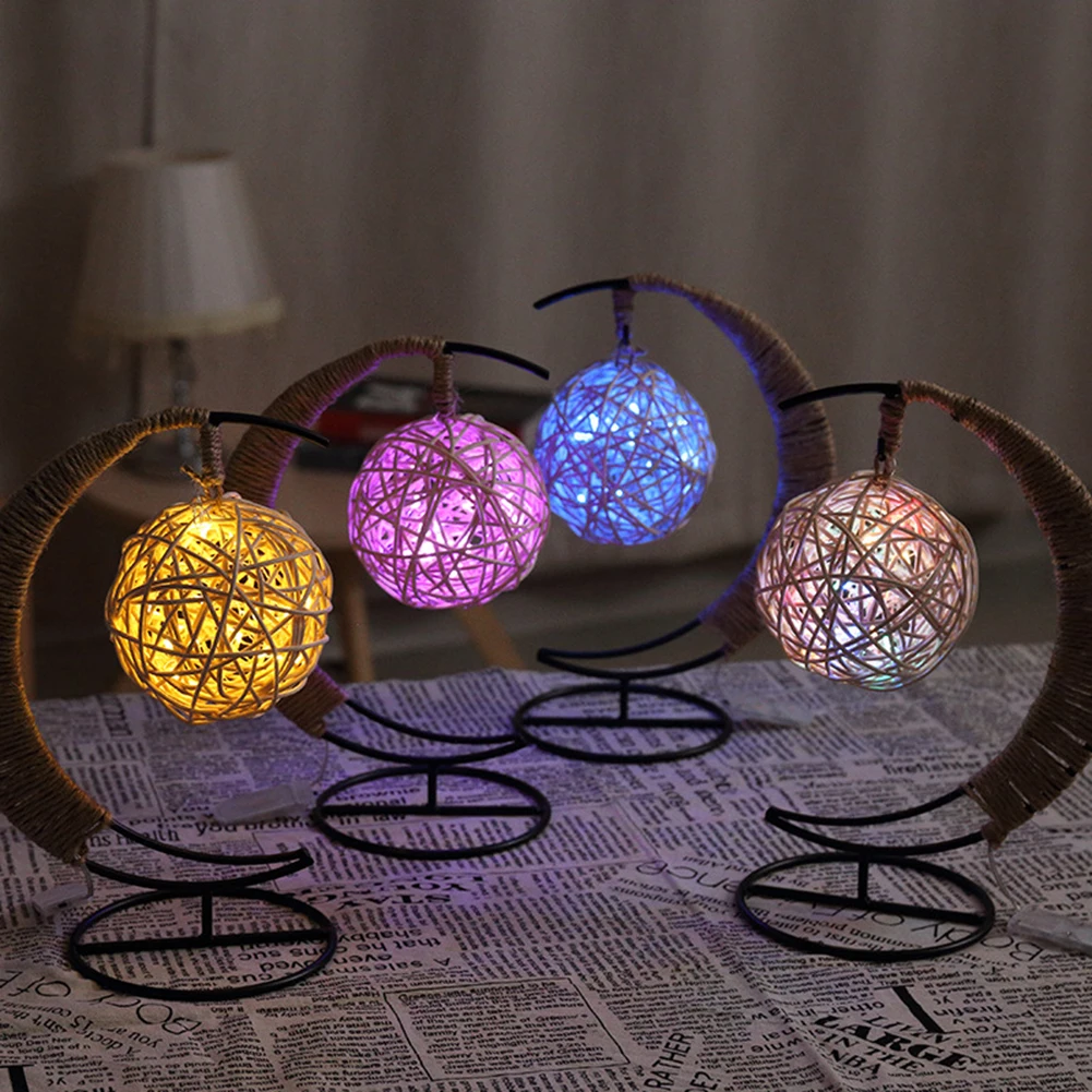

LED Moon Ball Lamp Line Rattan Handmade Rope Wrought Iron Glass Ball Night Light Christmas Gifts Indoor Lighting Fixture