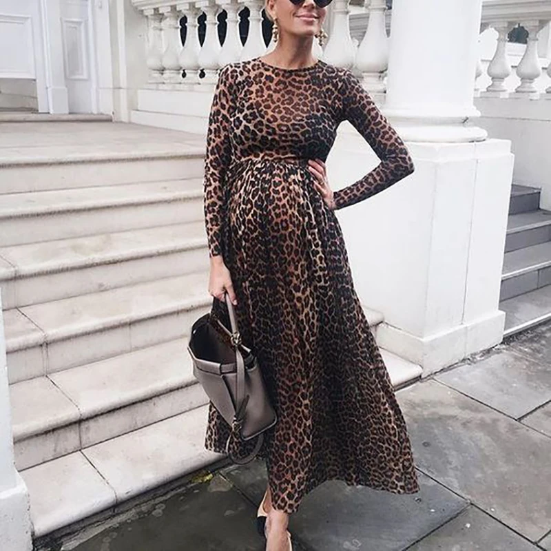 

Women's Maternity Dresses Long Sleeve Round Neck Leopard Print Ruffled Spring Pregnant Dress Leisure Photography Clothes