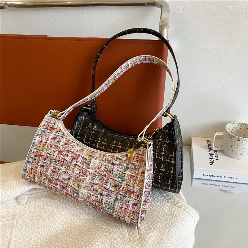 

Elegant PU Leather Shouder Bags for Women Simple Fashion Lattice Ladies Purse Handbags Contrast Color Female Girls Underarm Bags