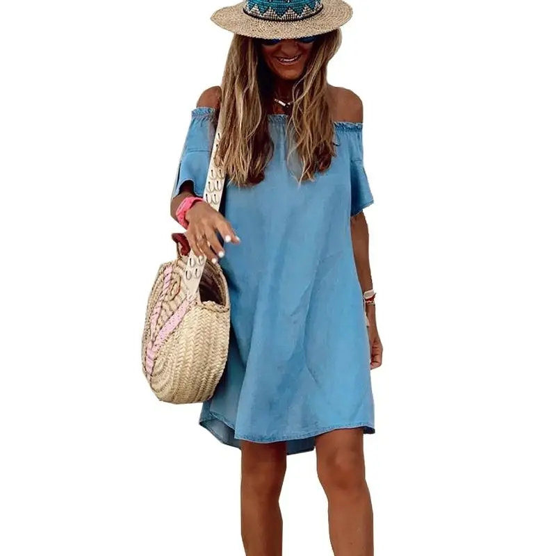 

2021 Summer One Shoulder Lotus Sleeve Cowboy Dress Women's Clothing