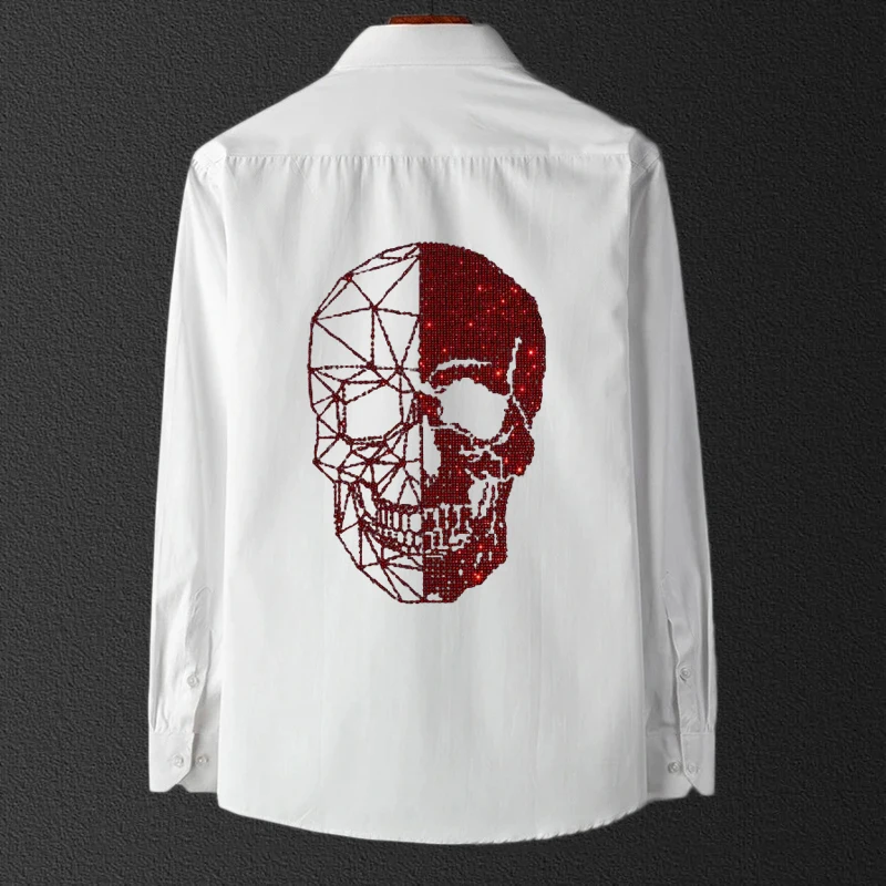 Spring 2021 Shirt For Men Formal Wear Stand Collar Long Sleeve Rhinestone Style Nightclub Casual Slim Homme Tops Plus Size 4XL
