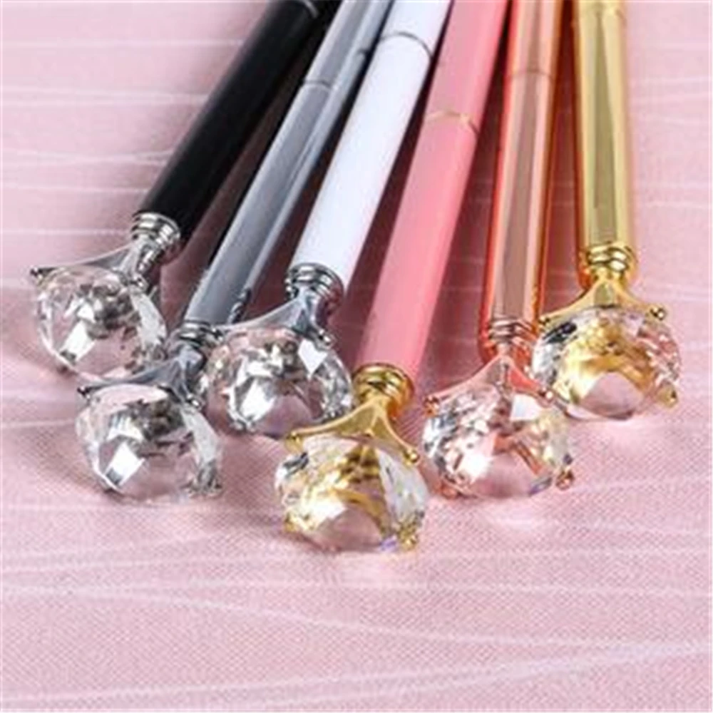 Кавайная шариковая ручка большая металлическая с крупными бриллиантами синяя и