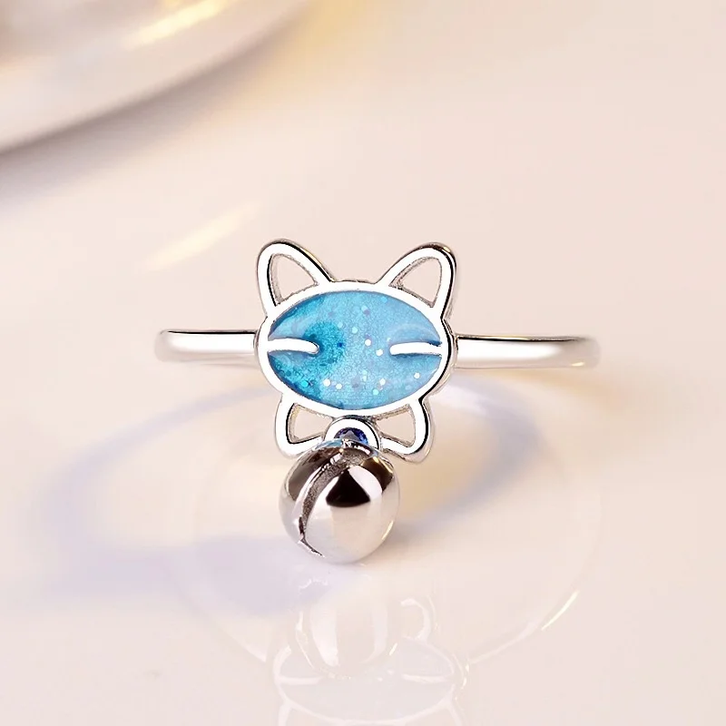 

Cute Adjustable Cat Ring Dangle Small Bell Fashion Enamel Design 925 Silver Animal Jewelry For Women Wedding Party Birthday Gift