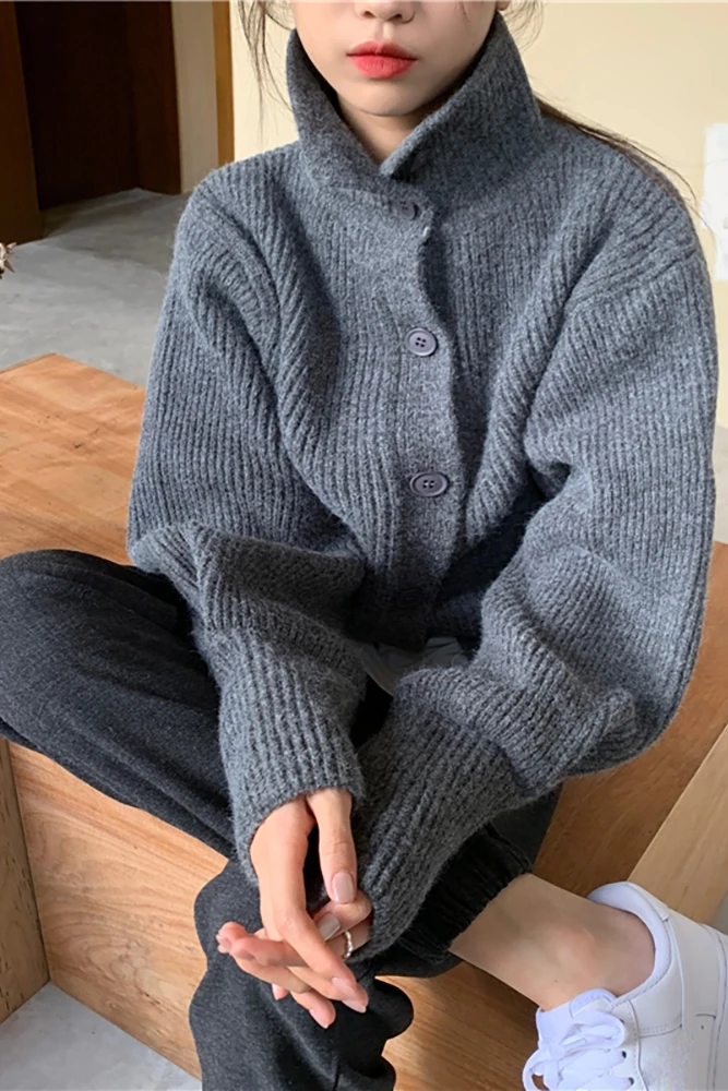 

2021 Autumn and Winter New High Neck Casual Cardigan Sweater Women Korean Loose Long-sleeved Sweater Coat Jacket