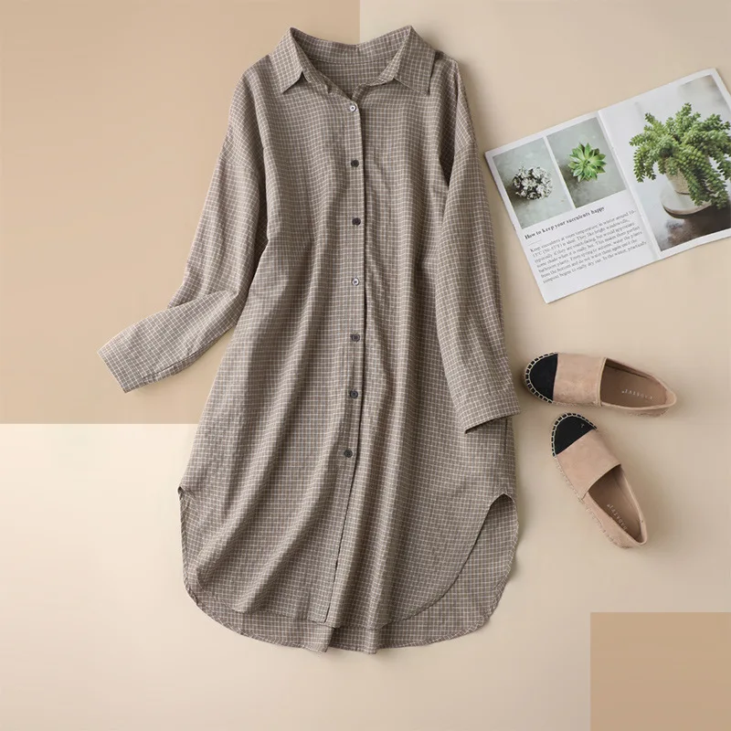 

SHUCHAN Long Women's Long Sleeve Linen Tops Turn-down Collar Vintage Plaid Broadcloth Free Shipping Items Clothes for Women