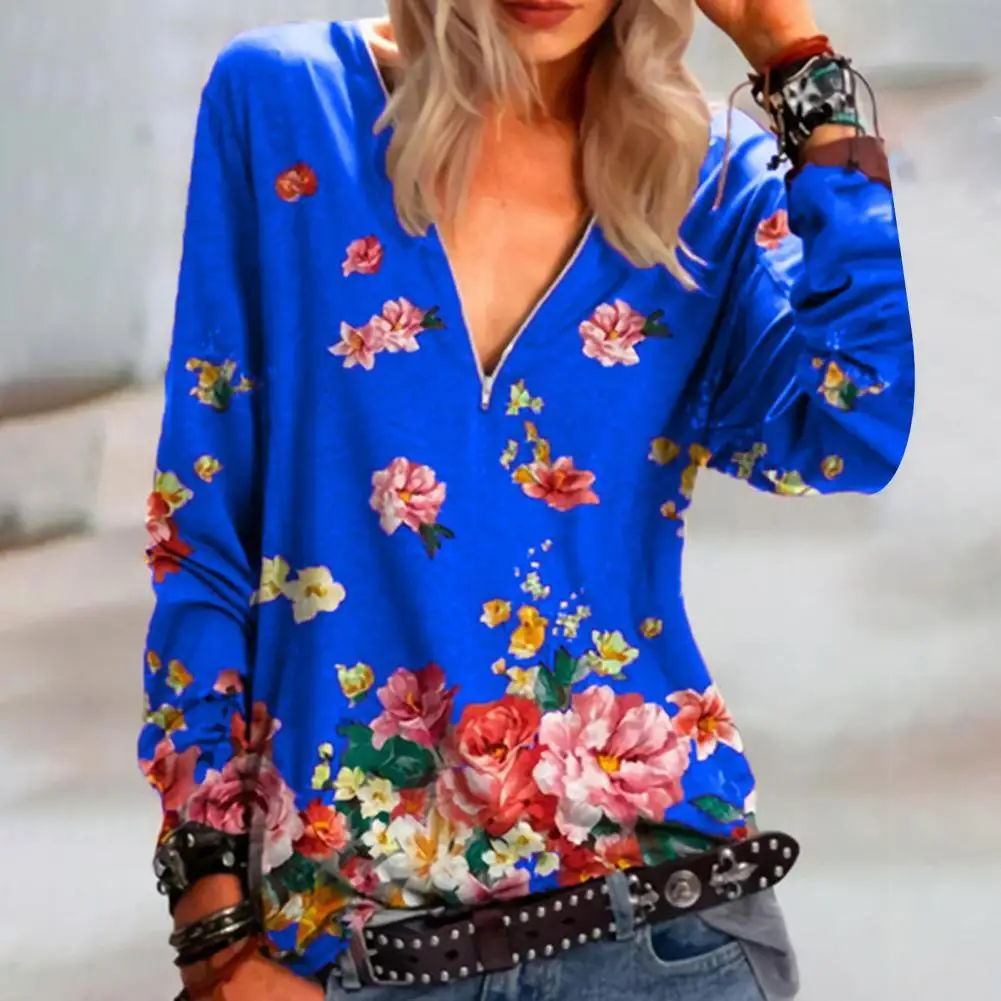 

Fashion Women Blouse All Match Streetwear Floral Print V Neck Blouse T-shirt Blouse