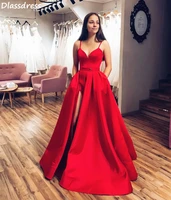 red satin evening dress spaghetti strap sexy split v neck floor length a line pockets party gown prom dress vestidos de fiesta