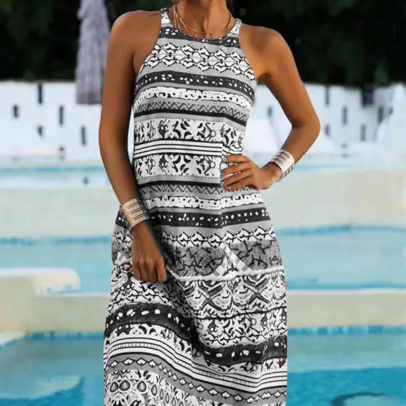 

Women's Positioning Loose Printing Round Neck Sleeveless Dress Beach Vestidos Verano 2019 Mujer Boho Dress Runway Off Shoulder