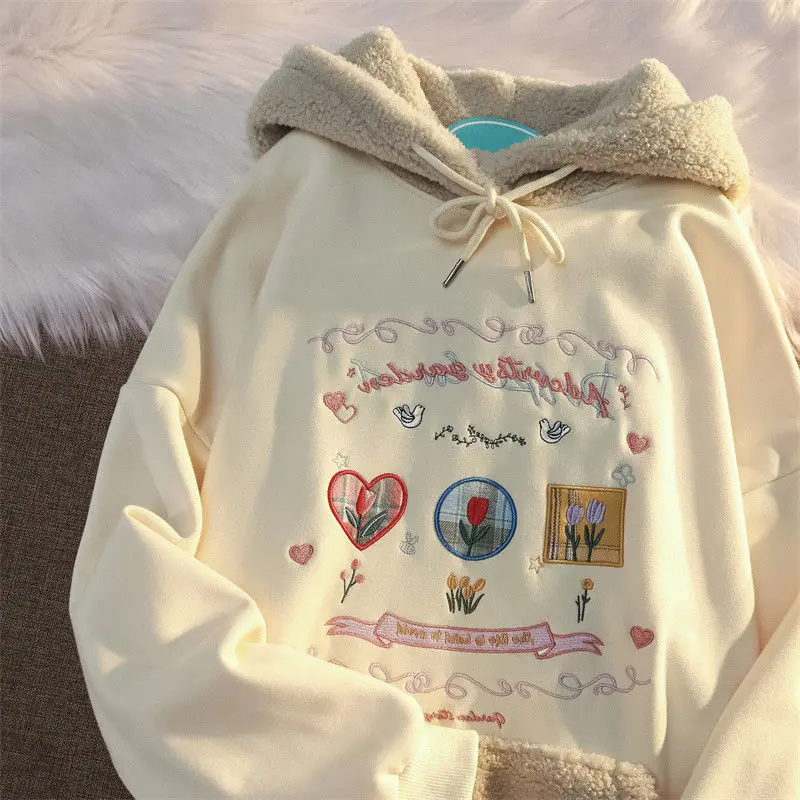 Милая шерстяная розовая блузка с цветочной вышивкой худи Женская осенне-зимняя