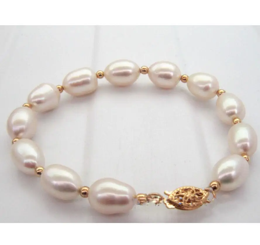 Jewelry Free Shipping NATURAL 9X13MM SOUTH SEA GENUINE WHITE PEARL BRACELET 14K/20 GOLD CLASP |