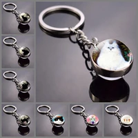 cute cat picture statement key chains silver color metal clear glass ball keychains jewelry kitten key ring chain women gifts