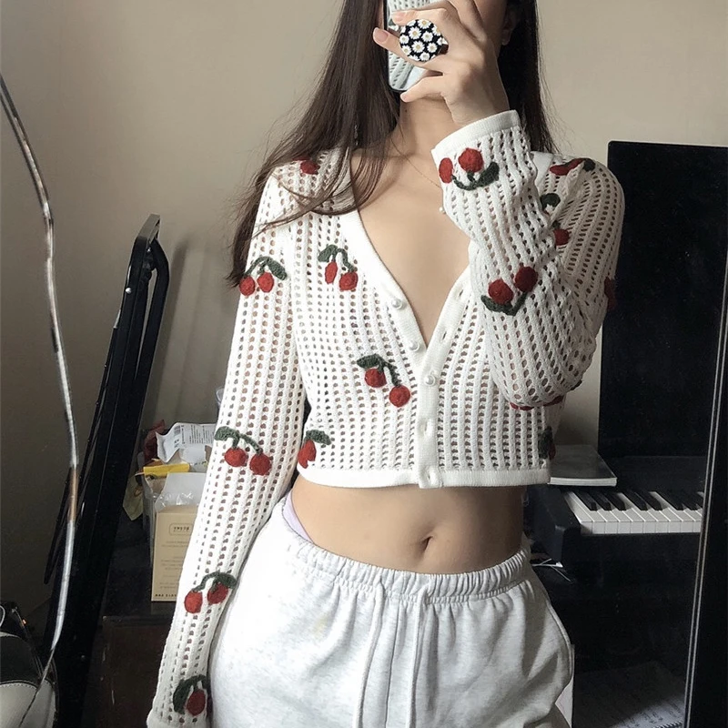 

hirigin Y2K Print Knittted Sweaters Long Sleeve V-neck Hollow Out Cardigan Loose Cherry Print Single Breasted Cardigan Sweater