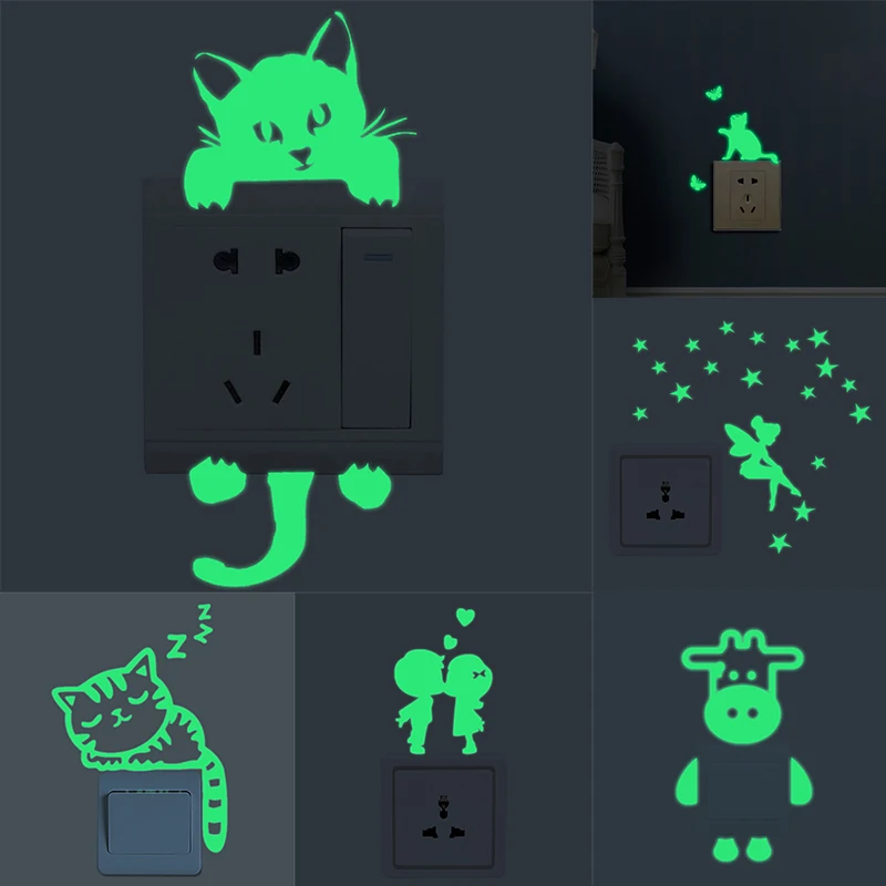 1PC Luminous Cartoon Switch Sticker Glow In The Dark Cat Fluorescent Fairy Moon Stars Kid Room Decoration | Дом и сад