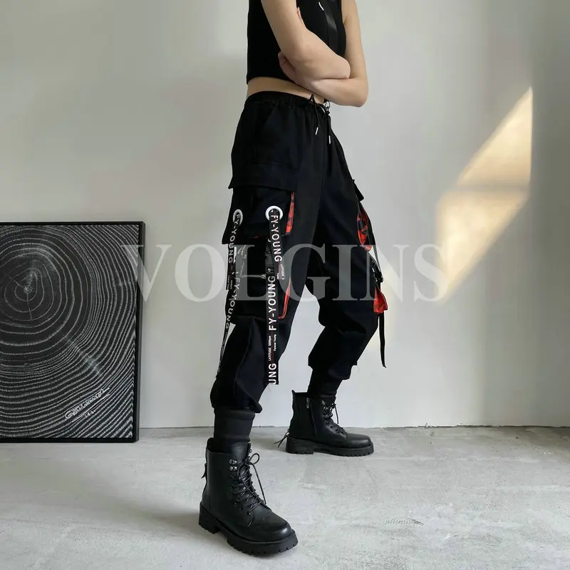 

Women's Cargo Pants Ribbon Pocket Jogger Elastic Waist High Streetwear Harajuku Pant Punk Cotton Females Trousers 2021 New