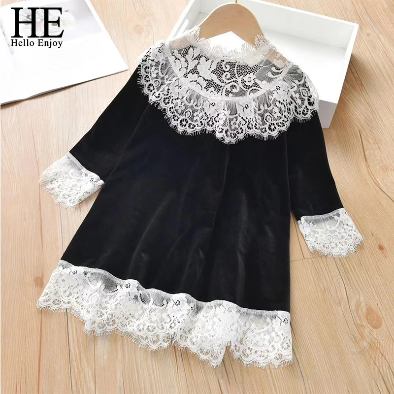 HE Hello Enjoy Girl Gold Velvet New Year Dress 2022 Girls Kids Teens Lace Flower Princess Elegant Dresses Children Clothes 4-12Y