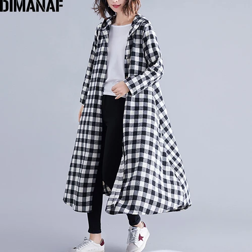 Jing95190CN-hei Dimanaf женский плюс размерные куртки пальто Базовая верхняя одежда Осенняя Повседневная Женская с длинным рукавом Женская свободная хлопковая с капюшоном клетчатая тонкая - Цвет: Jing95190CN-hei