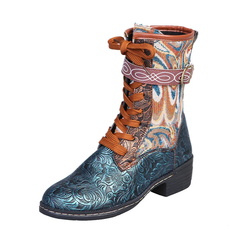 

Bohemian ethnic print lace-up Martin boots women