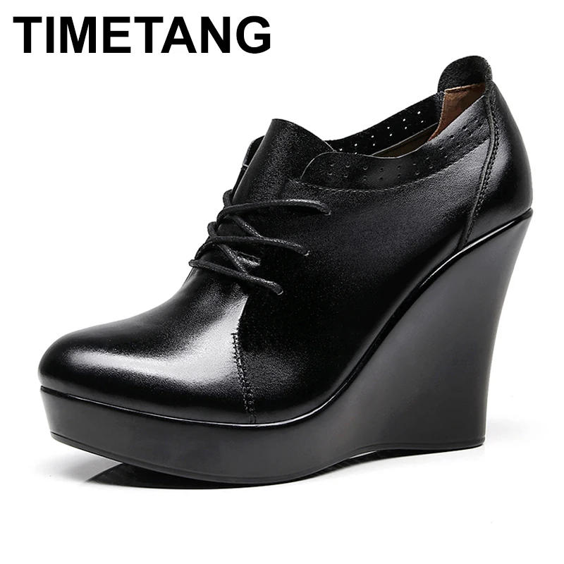 

TIMETANG Lace Up Wedges Shoes for Women 2019 Autumn Platform Pumps Woman High Heels Black Ladies Office Shoes Plus Size 35-41