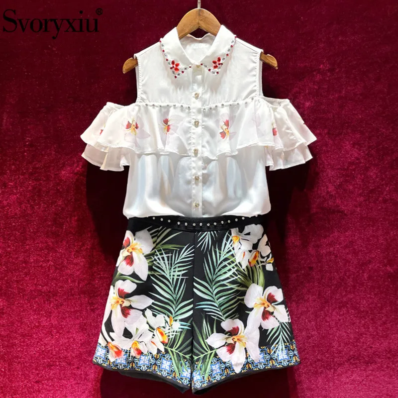 

Svoryxiu Runway Designer Summer Shorts Two Piece Set Women's Sexy Off Shoulder Ruffles Diamond Blouse + Print Shorts Suit