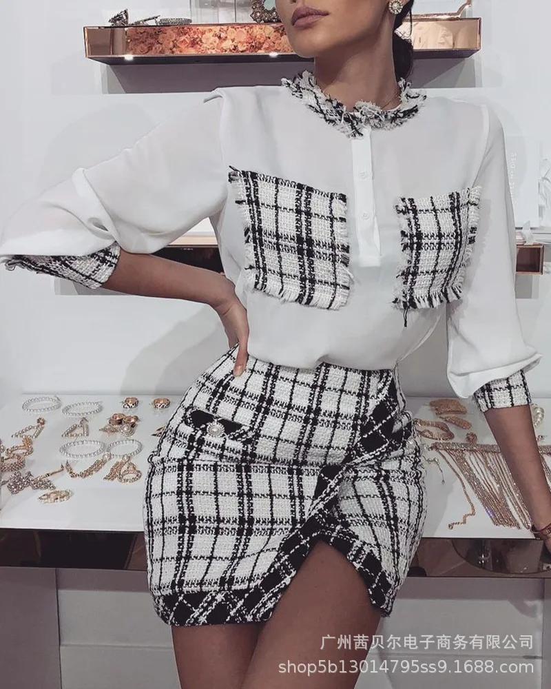 

New Black and White Lattice Pattern Woolen Stitching Long-Sleeved Shirt Suit Split Skirt Women 2pcs Clothes Set Clothing Suit