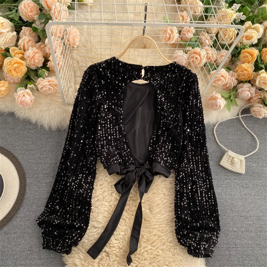 

2022 New Fashion Women Sequined T-Shirt Spring Girl Long Sleeve Tees Slim Lady Ultrashort Shirt Tops Pullovers Bottomings WZ1675